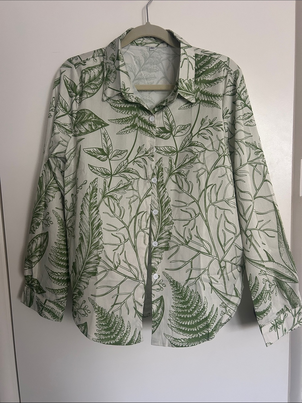 SHEIN White Button-Up Blouse with Green Botanical Print